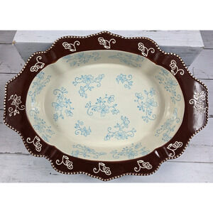 Temp-tations by Tara Bakeware, Floral Lace Brown/Blue Oval Baking Dish, 1.5 Qt.